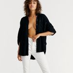 Free People  Oversized Slouchy Studded Waffle Knit Button Down Shirt Black Large Photo 8