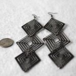 Black Metal Art Deco 6.5" Triple Layer Diamond Shape Hook Statement Earrings Photo 1