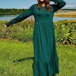 NEW Long Sleeve Crewneck Loose Tiered Swing Midi Dress Pockets S Green Photo 7