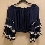 Surf Gypsy Navy Blue Hold My Mimosa Boho Tiered Bell Sleeve Crop Top Size Small Photo 8