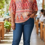 kim rogers  Women Sheer Peasant Top Blouse Plus Size 2X Orange Multicolor Print Photo 0