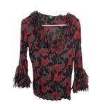 Vintage Crinkle Y2K 90s 2000s Blouse Top Small Red Black Abstract Fringe Fairy Photo 1