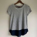 EXPRESS Navy & White Striped High-Low Hem T-Shirt | Size Small Photo 0