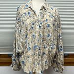 Fate Tan Blue Flower Print Oversized Boho Long Sleeve Button Down Shirt Photo 1