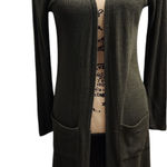Cherish Olive Green Ribbed Knit Open Front Cardigan Duster with Pockets M Photo 0