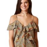 Lucky Brand Green & Yellow Geometric Cold Shoulder Flutter Top Size Large Photo 0