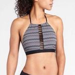 Athleta  gray striped cutout high neck swim top Photo 0