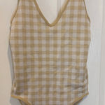 Aura  Gingham Bodysuit Sleeveless V-Neck Casual Cute Tan White‎ Size M/L Photo 0