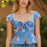 Free People NEW  Call Me Baby Cap Sleeve Button-Up Shirt L BLUE QUARTZ - DAISY Photo 0