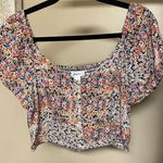 Japna  - Floral Puff Sleeve Crop Blouse - Blue & Pink - Button Detail Photo 0