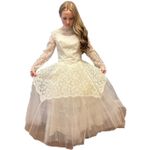 Vintage 60s Lace High Neck Wedding Gown w/ Tulle Skirt ILGWU USA small White Photo 6