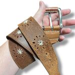 Womens Genuine Leather Belt Floral Accent Buckle Closure Brown Large 33 to 36 Photo 3