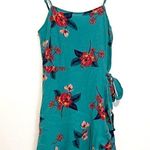 EXPRESS  Floral Square Neck Ruffle Wrap Dress Teal Blue Pink Boho Mini Fit Flare Photo 2
