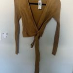 MINKPINK Phrada Ribbed Knit Wrap Cropped Cardi Top Gold Medium Photo 2