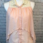 Sleeveless High Low Pink Sheer Sleeveless Collared Top with Dots & Lace Trim Photo 0