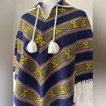 Navy Blue, Yellow & White Embroidered Tasseled Collar Poncho Blue Size undefined Photo 2