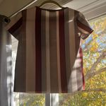 ZARA  | Striped Scuba Top Taupe Ivory Burgundy Short Sleeve Small Photo 3