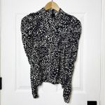 ZARA ‎ Animal Print Blouse Top Ruched Sleeve Mock Neck Black White Chic Photo 2
