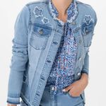 Renuar Distressed Star Accented Collarless Denim Jacket Photo 0