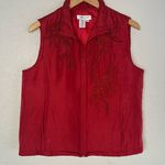 Coldwater Creek Red Silk Puffer Vest Full Zip Embroidered Winter Sporty Preppy Photo 0