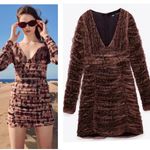 ZARA NWT Draped Tulle Bodycon Snakeskin V Neck Ruched Brown Black Mini Photo 1