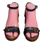 Tory Burch NAVY BLUE W/GOLD BUCKLE LEATHER SNAKESKIN-EMBOSSED HEELED SANDALS (6) Photo 0