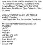 Jeans Size 4 27x27.5 Womens Zara Slim Fit Jeans Stretch Skinny Jeans Floral Print Photo 5