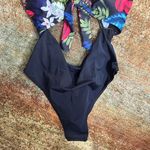 Black floral one piece swimsuit with tie front and high cut bottoms Size L Photo 3