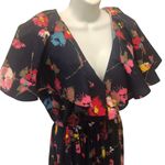 VTG 80’s Deep V Navy Floral Maxi Dress 12/14 Flowy Sleeve Collar Elastic Waist Multiple Photo 3