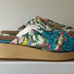 NEW Beklina Open Toe Clog Gathered Wedge Slide Sandal Wooden Floral Print Sz 6.5 Blue Photo 2