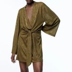 ZARA  NWT floral jacquard khaki green mini dress long sleeve Front knot with ties Photo 3
