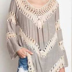 Umgee USA Crochet Trim Boho Tunic Poncho Top Gray Beige Coachella Festival Small Photo 0