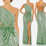 Mac Duggal NWT SEQUINED ONE SHOULDER DRAPED LACE UP GOWN 5687 Green Size 14 Photo 1