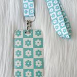 Teal and white floral checkered lanyard with Id/ card holder Green Photo 0