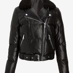 EXPRESS Black Faux Leather Fur Collar Belted Hem Puffer Moto Jacket Photo 6