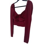 SELF PORTRAIT Cropped Long Sleeve Draped Gathered Knit Blouse Burgundy Top Sz 0 Red Photo 2