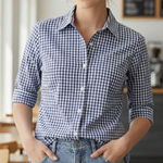 LL Bean Blue Gingham 3/4 Sleeve Wrinkle Free Pinpoint Oxford Shirt Size SMALL Photo 0