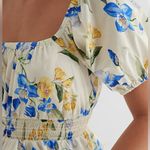 EXPRESS  Floral Square Neck Puff Sleeve‎ Peplum Top Blouse Blue Yellow Size Large Photo 2