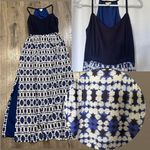 J.Crew Navy Blue MAXI DRESS Boho Print Beach Flowy Side Slit Halter Style Sz 00 Photo 1