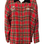 Vintage Quizz Again NY Christmas Santa Sleigh Reindeer Embroidered Plaid Shirt Red Size L Photo 0
