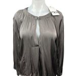 ZARA NEW Silver Gray Silky Keyhole Round Neck Long Sleeve Blouse Top Size XS Photo 0