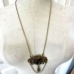 Vintage Czech Brass Filigree Necklace with Yellow Glass Cabochon & Chain Drop Photo 1