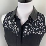 Milly  Black Silk Lace Lamb leather Sleeveless Button Down Blouse Size 2 Photo 2