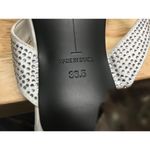 Black Suede Studio Heels Women's 7.5 White Leather Crystal Embellished Sandal Photo 7