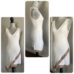 Bebe Ivory Asymmetrical Hem Gold Trim Dress Photo 2