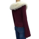 Romwe Faux Fur Removable Collar Burgundy Ribbed Knit Tie Front Bell Sleeve Cardigan M Photo 4