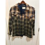 Free People  Oversized Plaid Flannel Shacket Distressed Raw Hem Button Down Photo 3