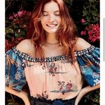 Free People “rockin rochelle” crop blouse Short Sleeve Cream Blue XS Photo 0