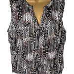 Erika  Sleeveless Button Front Tank Tribal Print Split Hem Black Brown 1X Photo 0