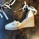 JustFab  Coast to Coast-E Tie Sandal Wedges, Flower / Eyelet, Cream 9 Photo 1